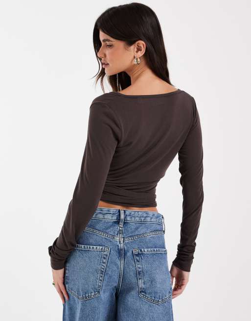 JJXX ballet wrap top in chocolate brown, 2 of 4