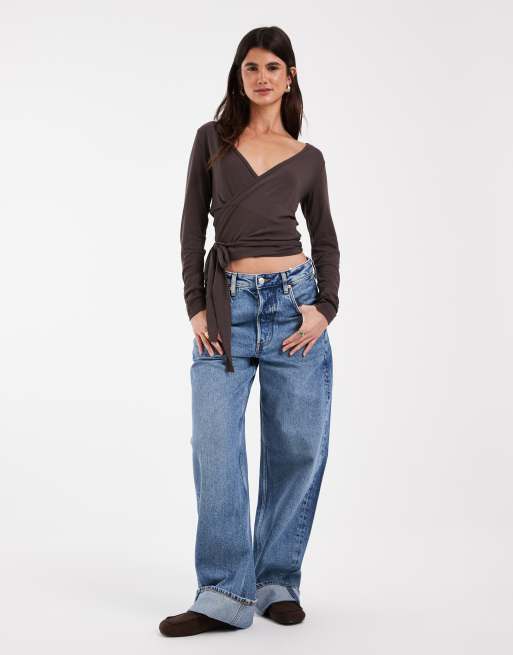 JJXX ballet wrap top in chocolate brown, 3 of 4