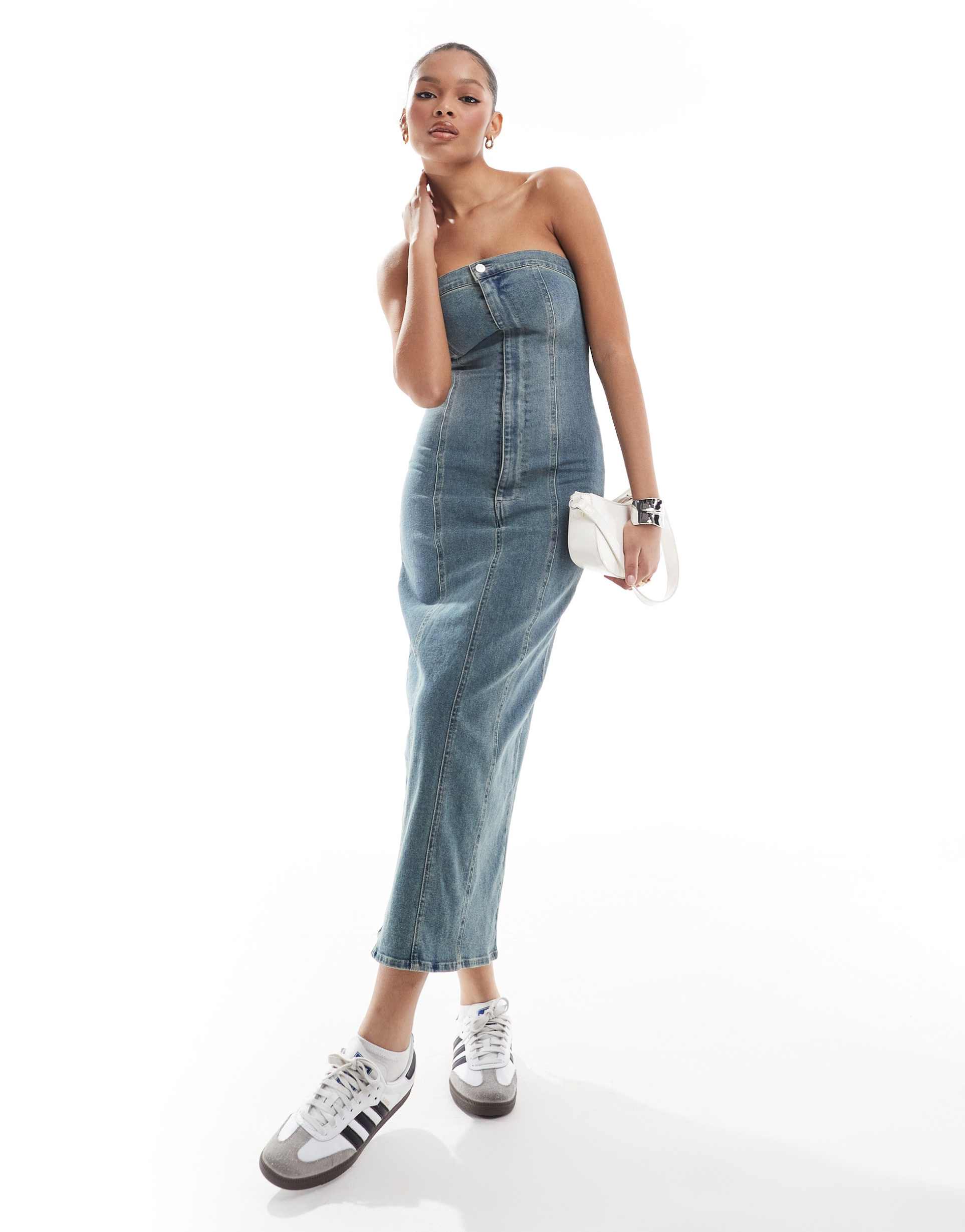 jjxx bandeau denim midi dress in vintage blue wash