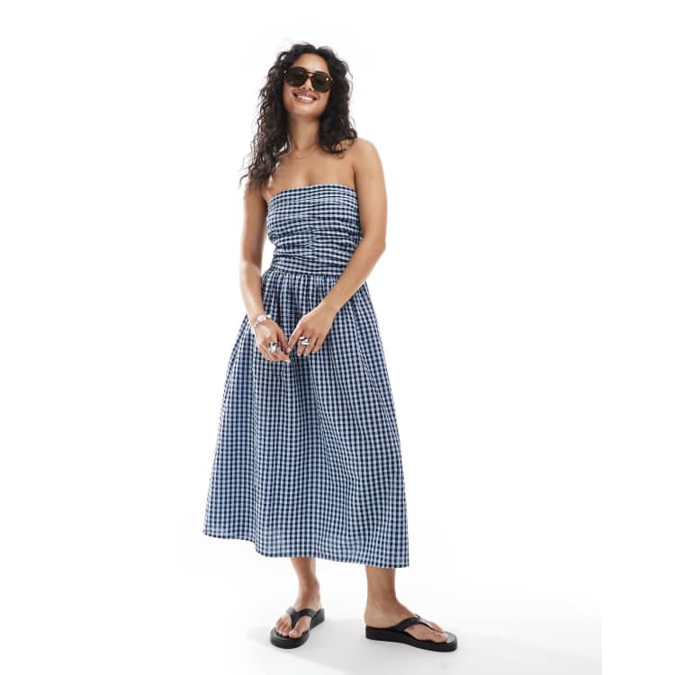 blue gingham strapless dress JJXX bandeau in navy lightweight linen Ship7days Alexander Wang - Black Size:FR 48