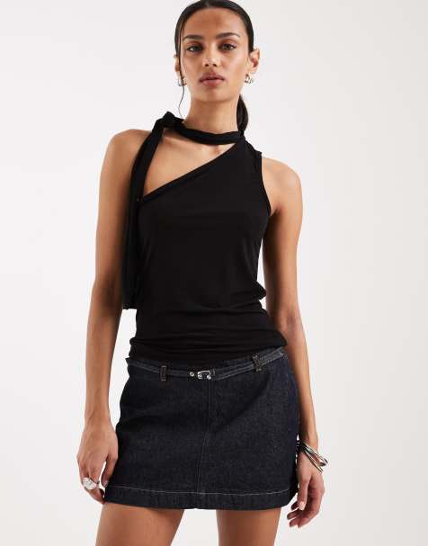 JJXX Bea one shoulder scarf sleeveless top in black - view 1