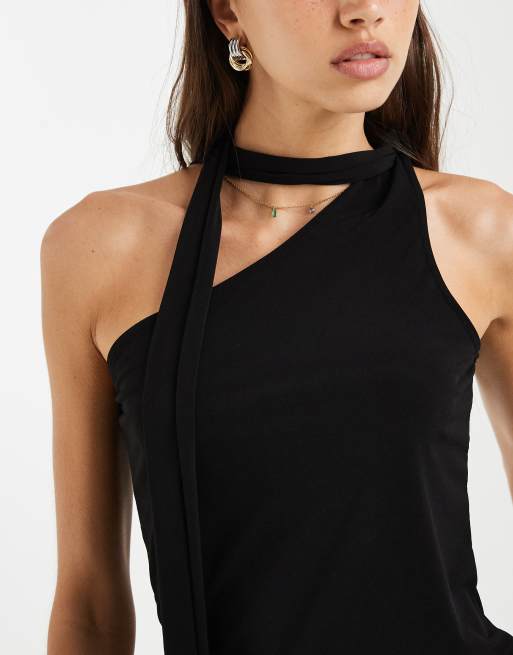 JJXX Bea one shoulder scarf sleeveless top in black, 3 of 4