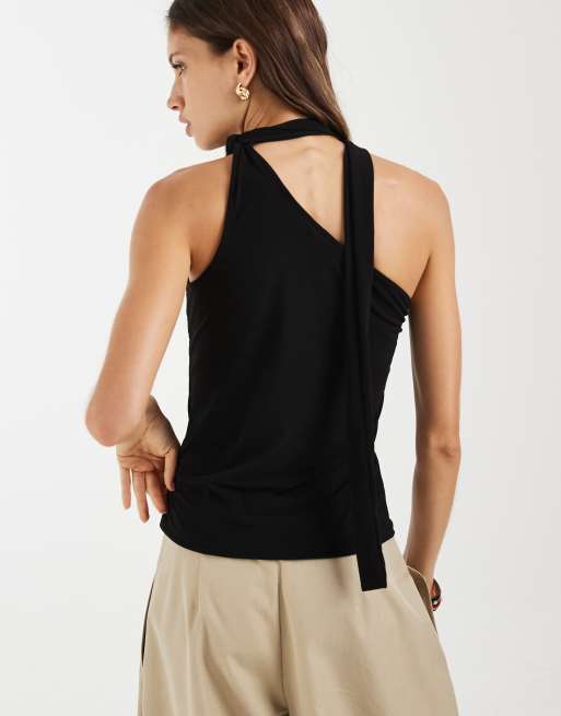 JJXX Bea one shoulder scarf sleeveless top in black, 4 of 4