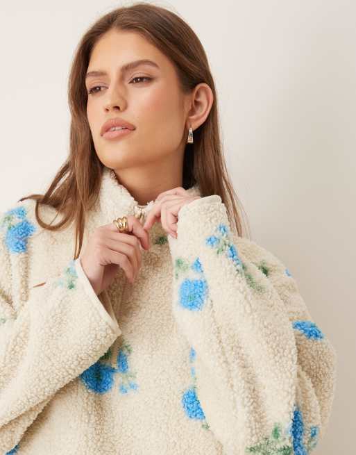JJXX - Beige teddy-jakke med kort lynlås og blomsterprint, 3 af 4