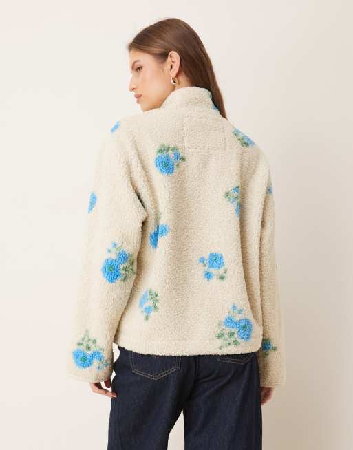 JJXX - Beige teddy-jakke med kort lynlås og blomsterprint, 4 af 4