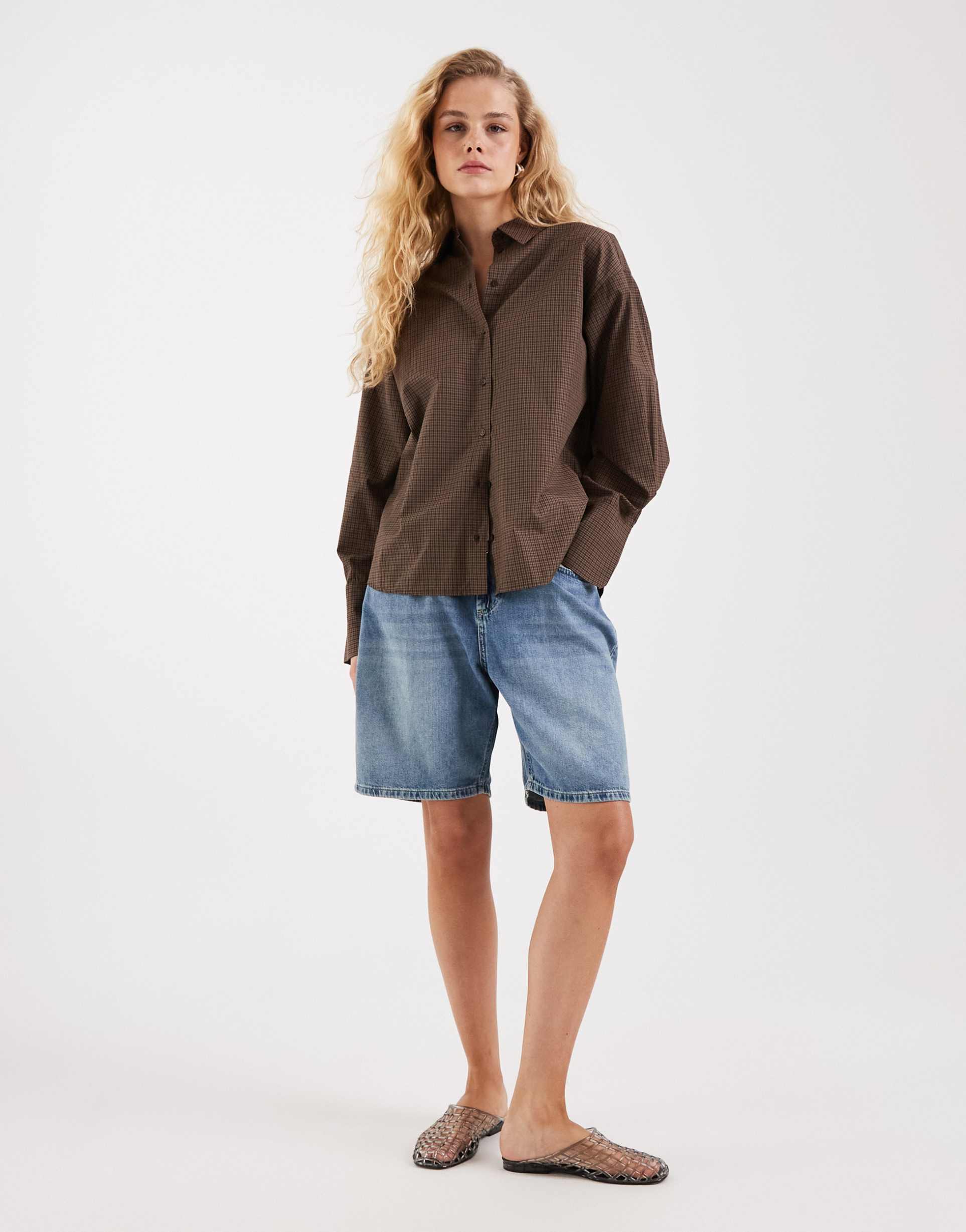 jjxx bella plaid long sleeve shirt in brown