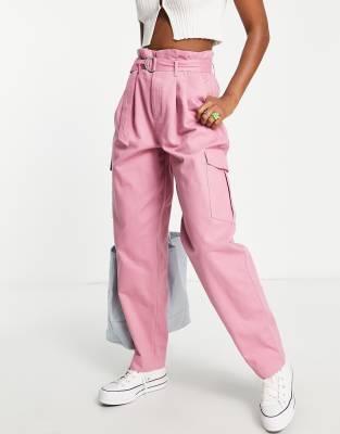 Hot Pink Belted Wide Leg Cargo Jeans, Denim