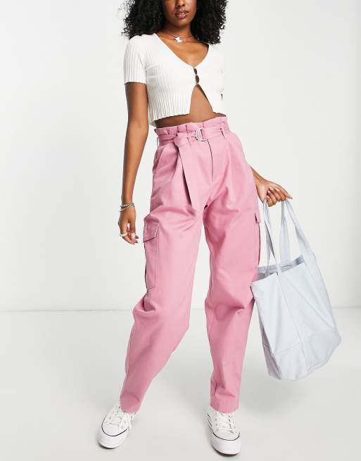 Stradivarius STR Petite straight leg cargo trouser in washed pink