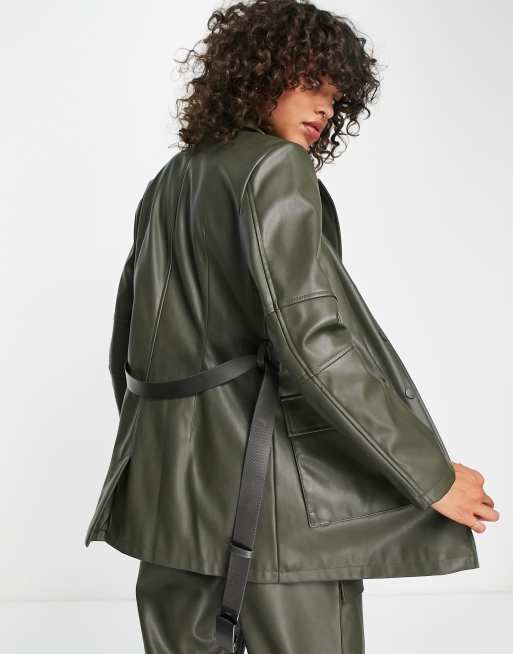 JJXX belted utility faux leather blazer co-ord in dark green, 4 of 4