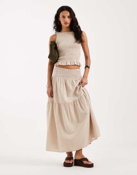JJXX seersucker gingham maxi skirt in beige and white
