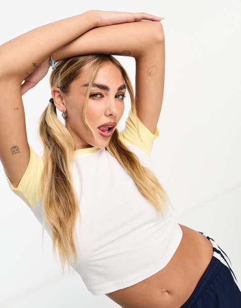 JJXX cropped contrast t-shirt in white and yellow