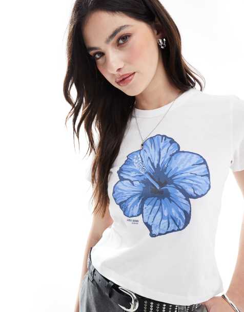 JJXX – Biały krótki i obcisły T-shirt z nadrukiem niebieskiego kwiatka - view 1