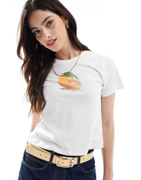 JJXX – Biały krótki i obcisły T-shirt z nadrukiem pomarańczy - view 1