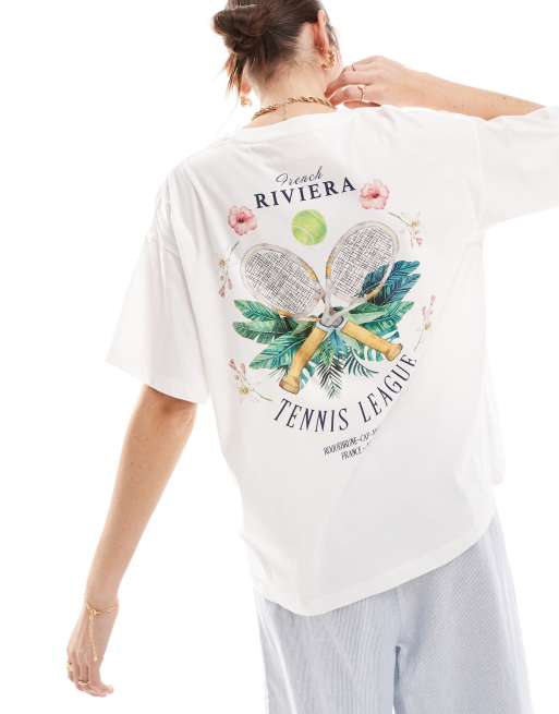 JJXX – Biały T-shirt oversize z nadrukiem Riviera na plecach