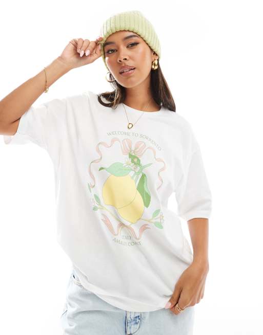 JJXX – Biały T-shirt oversize z nadrukiem z cytrynami na piersi