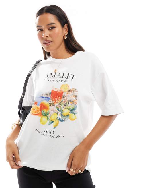 JJXX – Biały T-shirt oversize z nadrukiem z napisem „Amalfi
