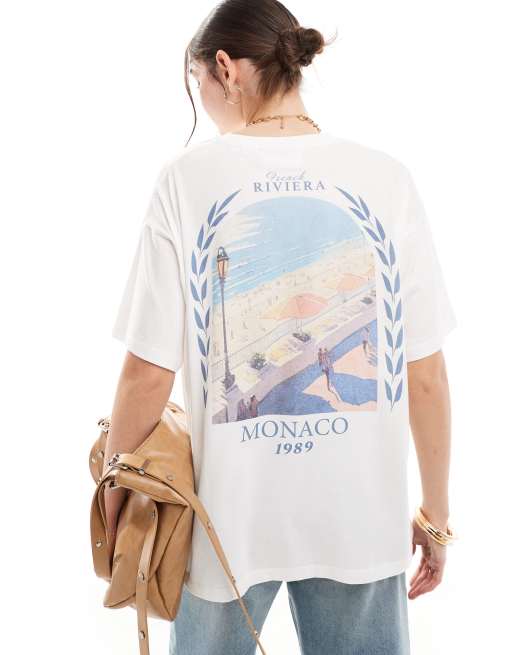 JJXX – Biały T-shirt oversize z nadrukiem z napisem Monaco na plecach