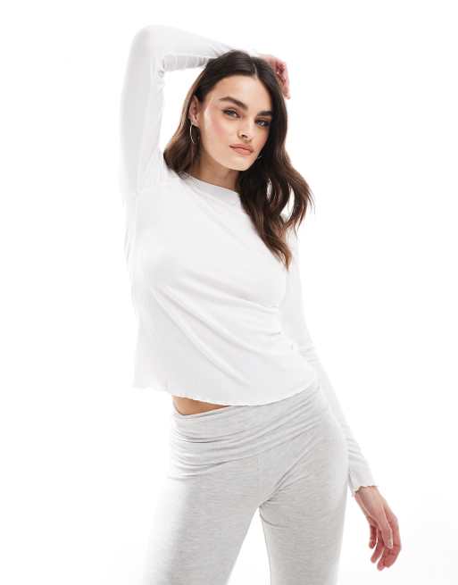 JJXX – Biały T-shirt z długim rękawem i karbowanym brzegiem