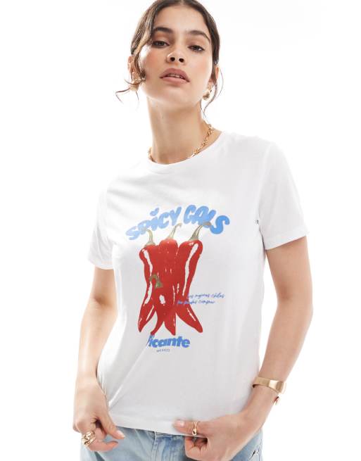 JJXX – Biały T-shirt z grafiką z napisem „Spicy Girls”
