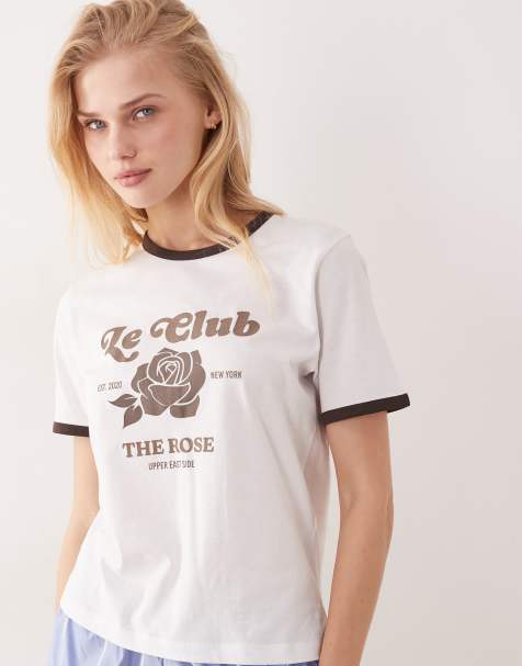 JJXX – Biały T-shirt z lamówką i nadrukiem w róże - view 1