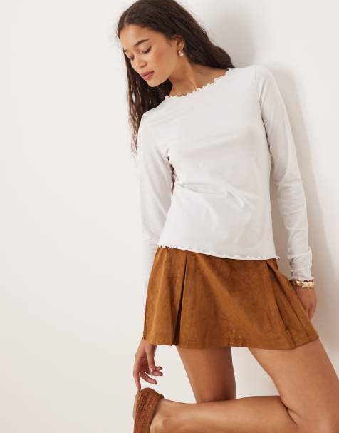 JJXX lettuce hem long sleeve top in white