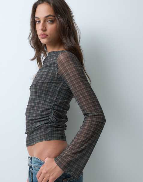 JJXX boat neck long sleeve mesh top in brown check