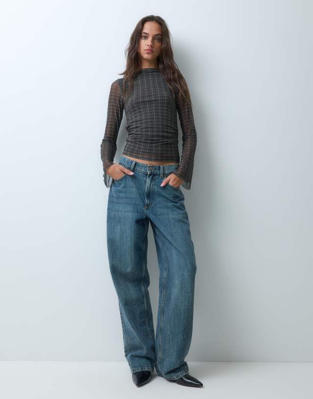 JJXX boat neck long sleeve mesh top in brown check | ASOS