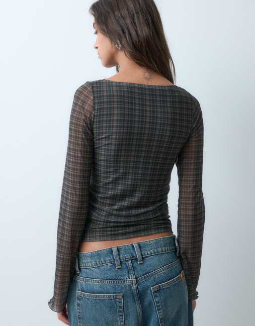 JJXX boat neck long sleeve mesh top in brown check, 5 of 5