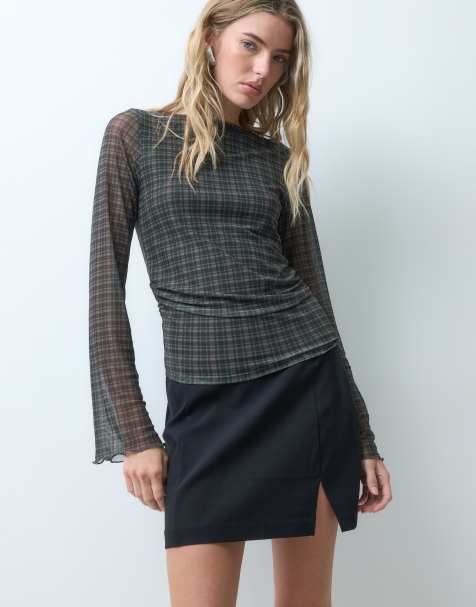 JJXX boat neck long sleeve mesh top in plaid - view 1