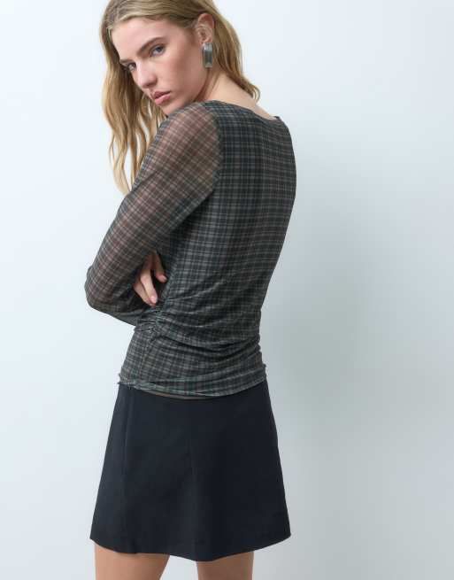 JJXX boat neck long sleeve mesh top in plaid, 3 of 4