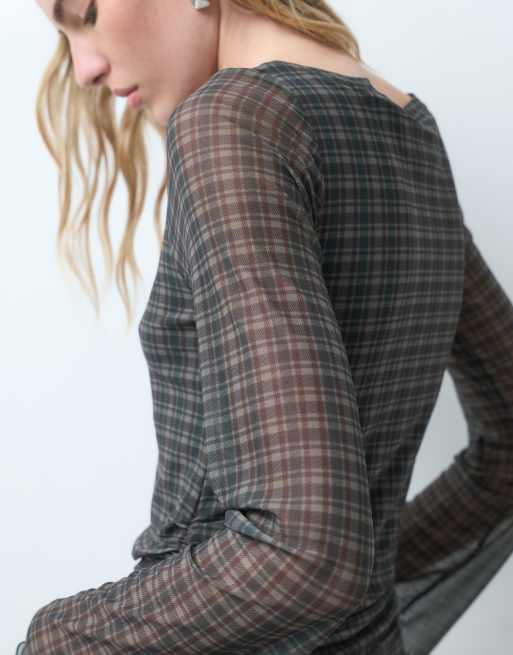 JJXX boat neck long sleeve mesh top in plaid, 4 of 4