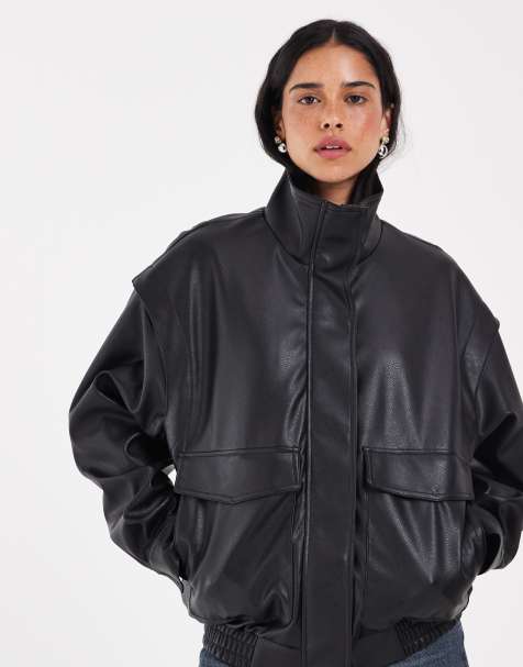 JJXX bomber in pelle PU con collo alto nero - view 1