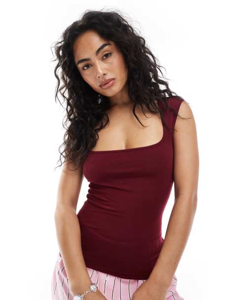 JJXX square neck top in burgundy