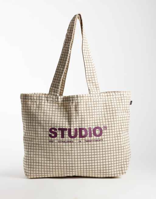 JJXX borsa shopper a quadri con logo color crema, 1 di 4