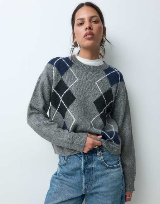 JJXX boxy argyle jumper in grey, 5 of 5