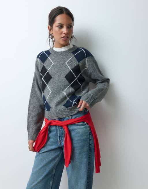 JJXX boxy argyle sweater in gray, 3 of 5