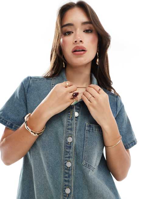 JJXX boxy denim shirt dress in vintage blue