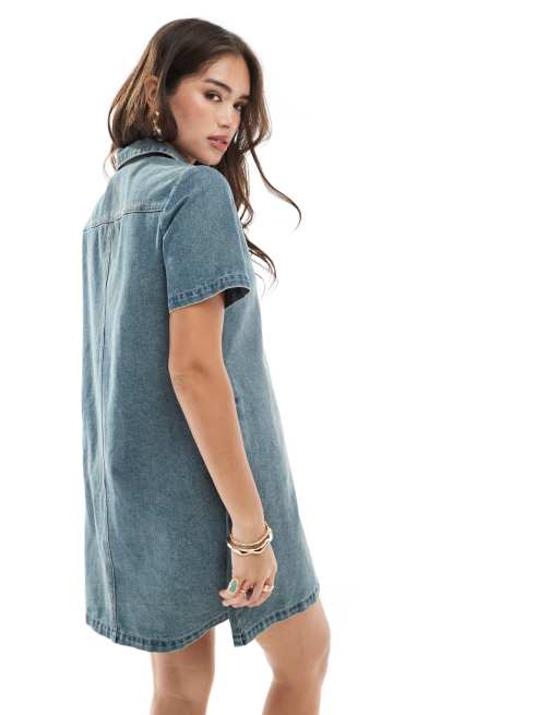 JJXX boxy denim shirt dress in vintage blue