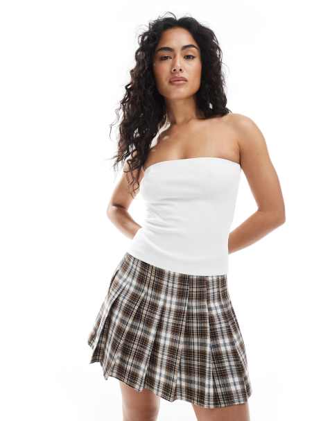 JJXX plaid pleated mini skirt in brown 