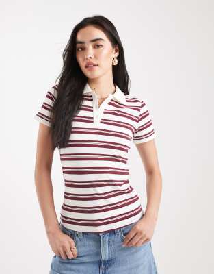 JJXX JJXX burgundy stripe polo in cream-White