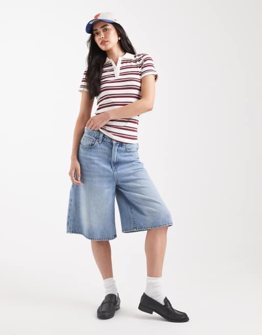 JJXX burgundy striped polo shirt in cream