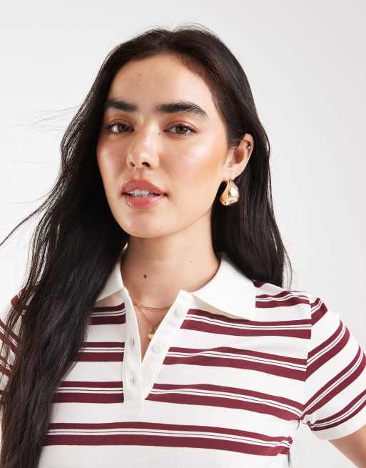 JJXX burgundy striped polo shirt in cream