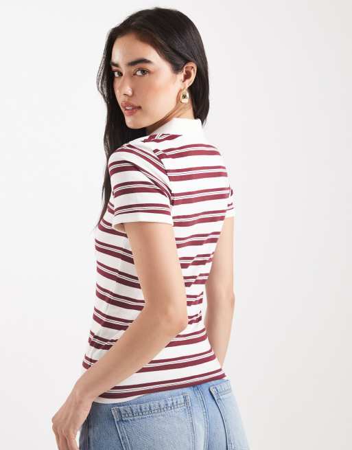 JJXX burgundy striped polo shirt in cream