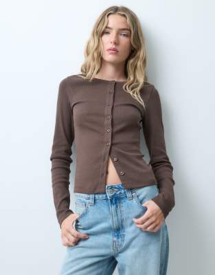 Jjxx Button Down Ribbed Cardigan In Brown