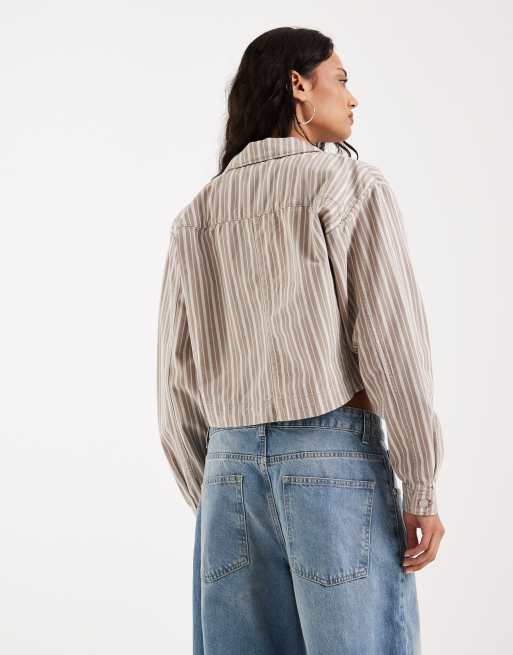 JJXX - Camicia giacca corta in twill beige a righe , 4 di 4