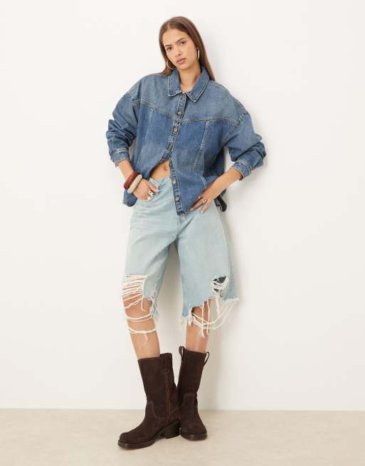 JJXX - Camicia giacca di jeans blu medio con cuciture, 2 di 4