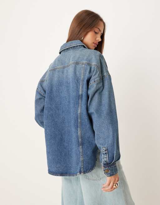 JJXX - Camicia giacca di jeans blu medio con cuciture, 3 di 4