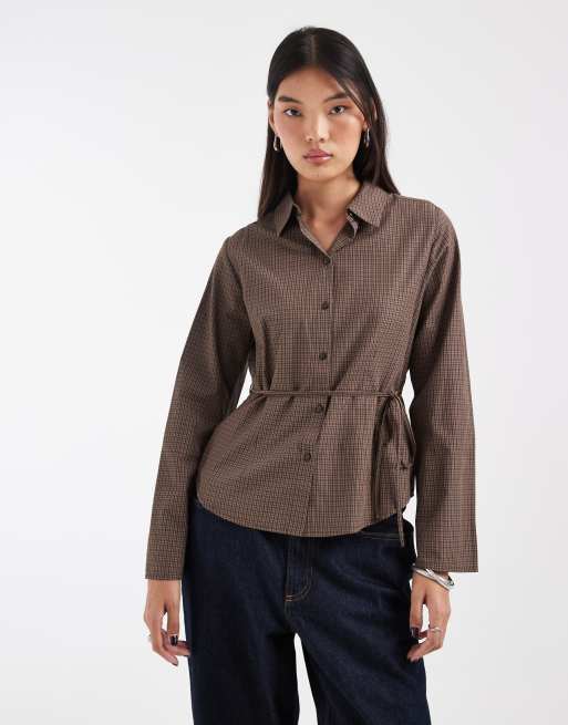 JJXX camicia in popeline a maniche lunghe con dettaglio annodato a quadri marroni, 1 di 4