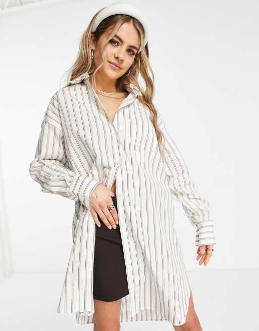 JJXX - Camicia oversize taglio lungo a righe bianche e beige