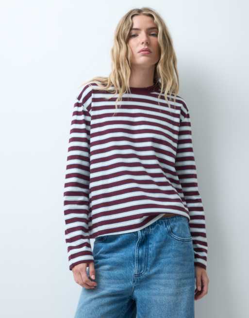 JJXX - camiseta boxy de manga larga a rayas burdeos, 4 de 4
